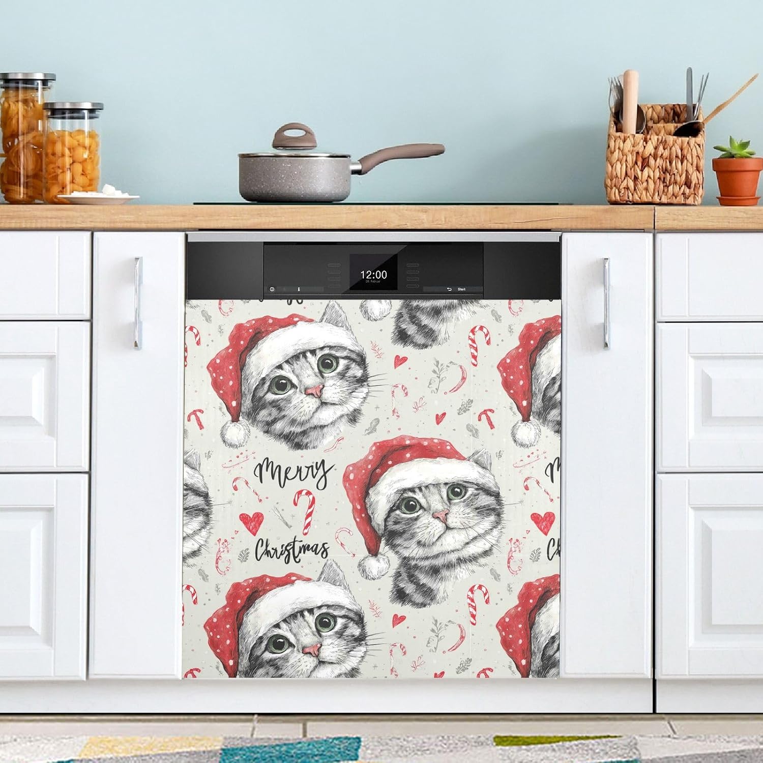Pfrewn Christmas Winter Magnetic Dishwasher Cover Christmas Cute Cats Kitten Kitty (11) Fridge Door Covers Kitchen Decal Vinyl Panel Decorative Refrigerator Laundry Appliances 23x26in