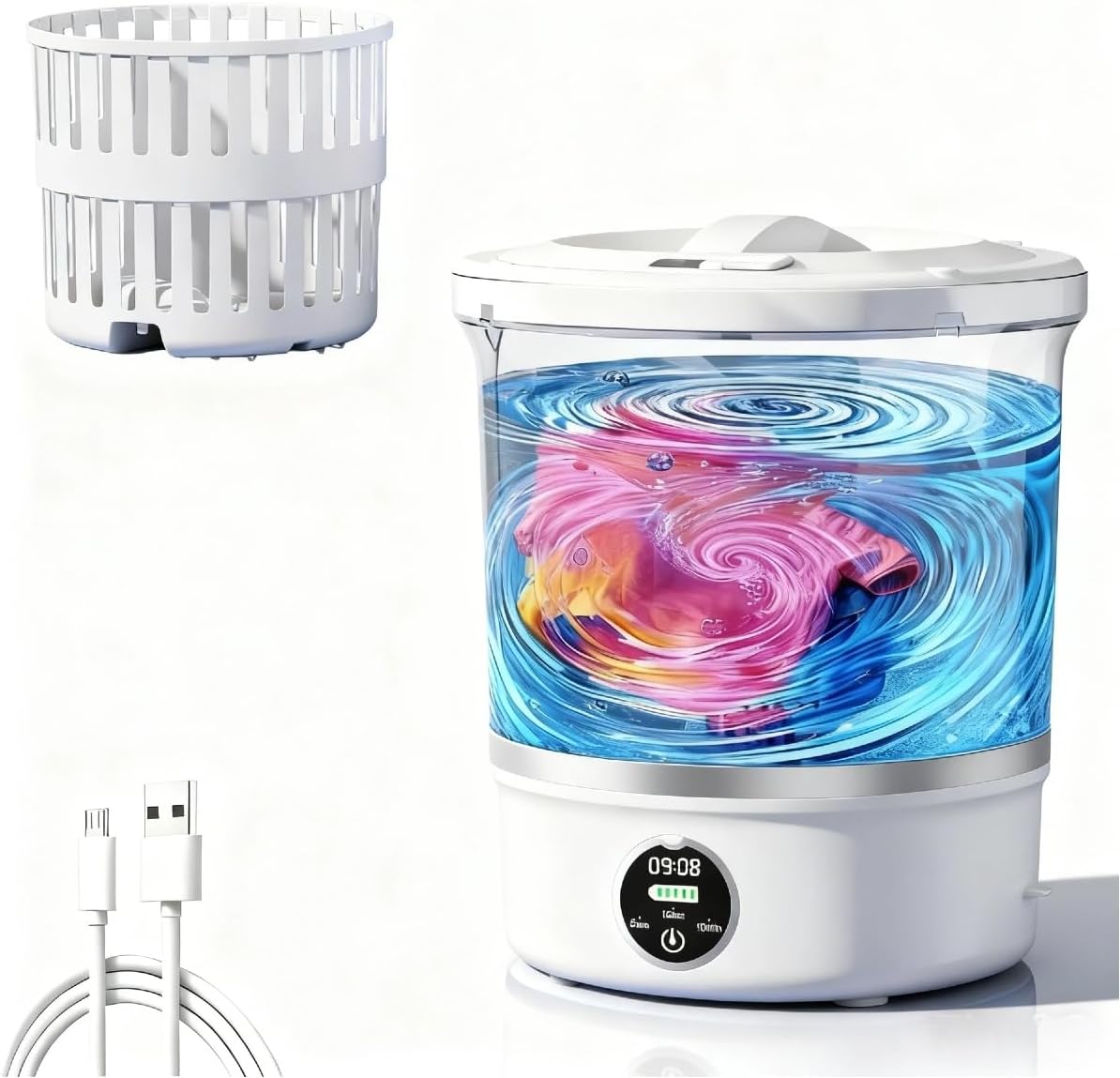 Portable Washing Machine with 16000 RPM Spin Dry & Drain Hose, 3L Mini Washer with Blue Light Cleaning, Rechargeable Underwear Washer for Socks, LED Display, Travel, Apartment, Camping