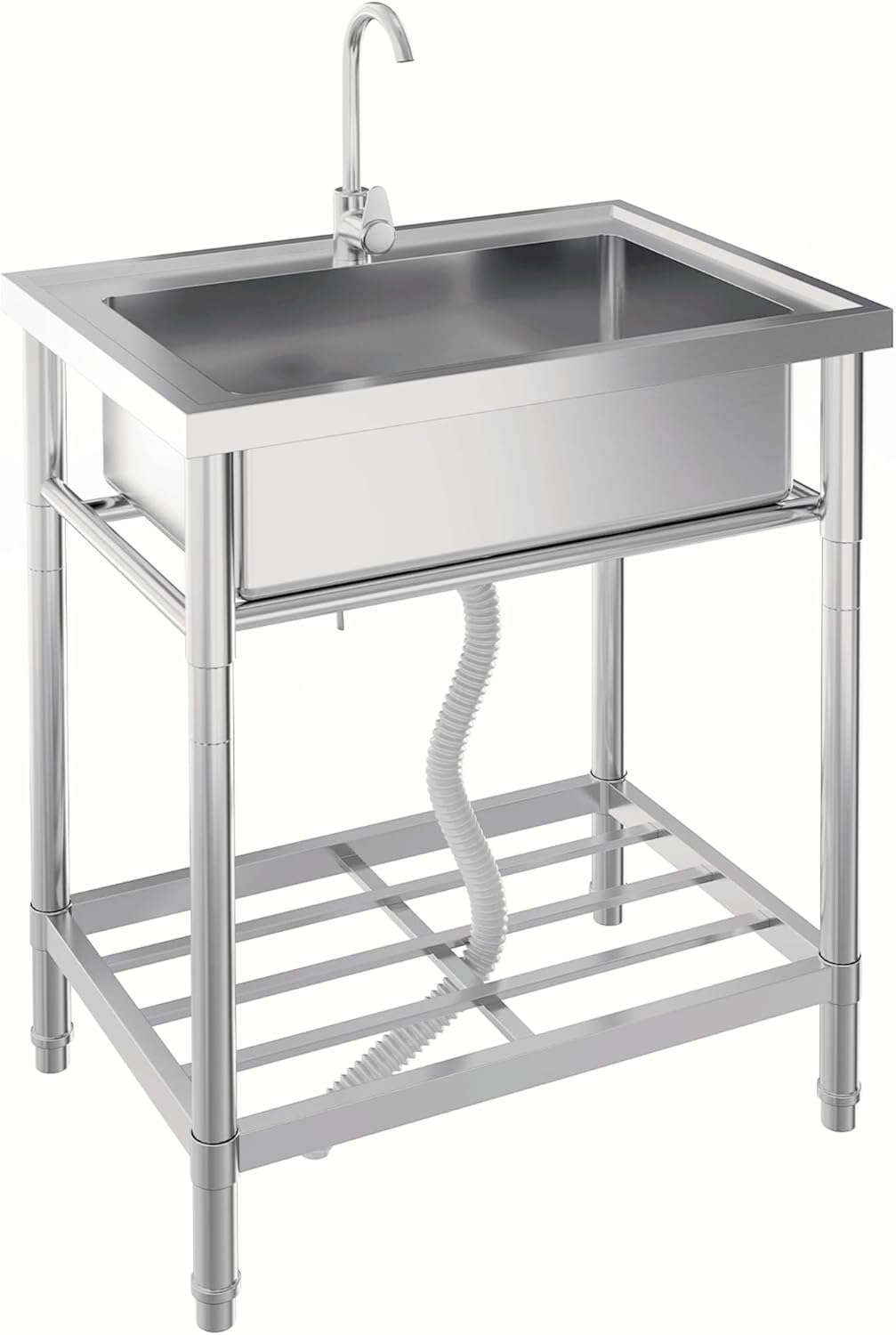 Stainless Steel Utility Sink, Free Standing Laundry Sinks with Faucet, Cold/Hot Water Pipe & Storage Shelves, 28in Commercial Single Bowl Sink for Food Prep, Washing
