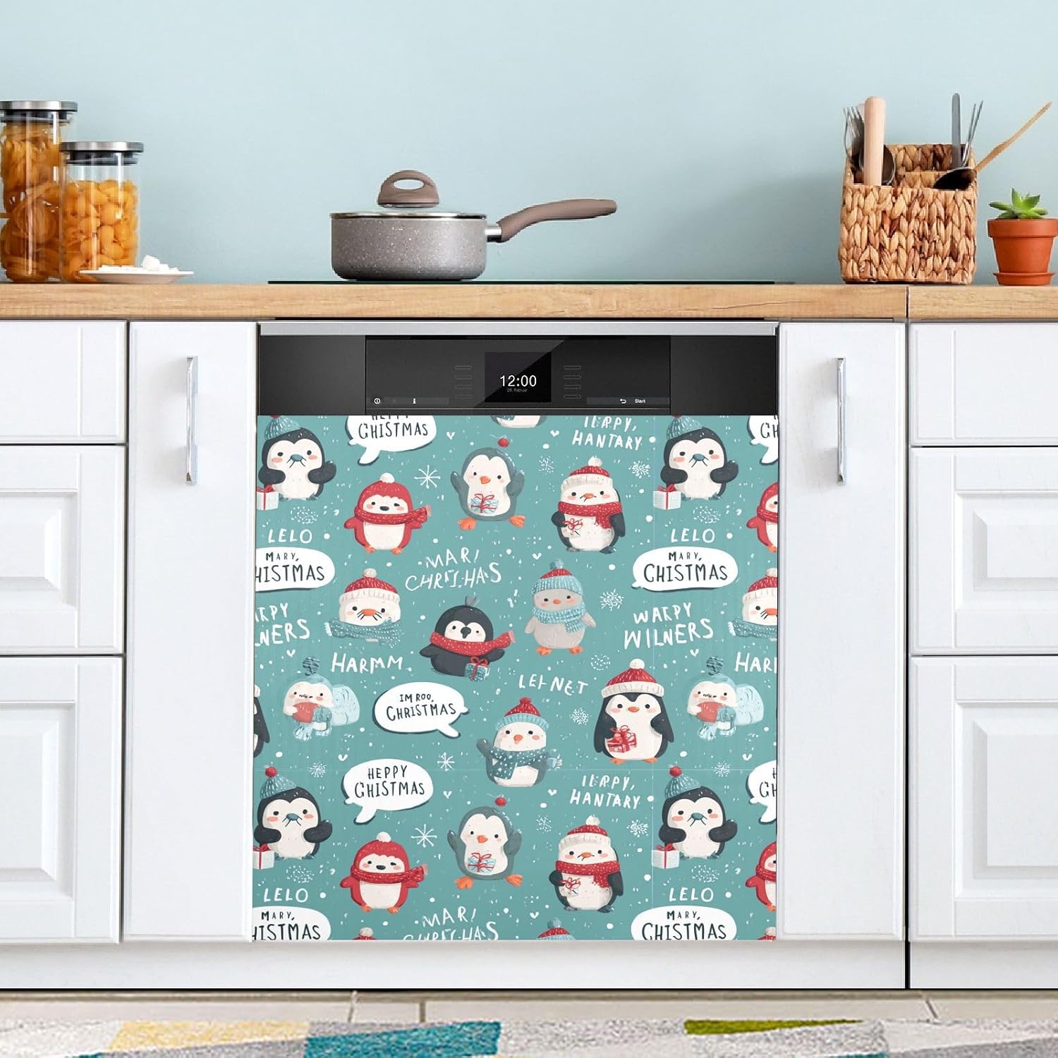 Pfrewn Christmas Winter Magnetic Dishwasher Cover Christmas Penguin Teal Fridge Door Covers Kitchen Decal Vinyl Panel Decorative Refrigerator Laundry Appliances 23x26in
