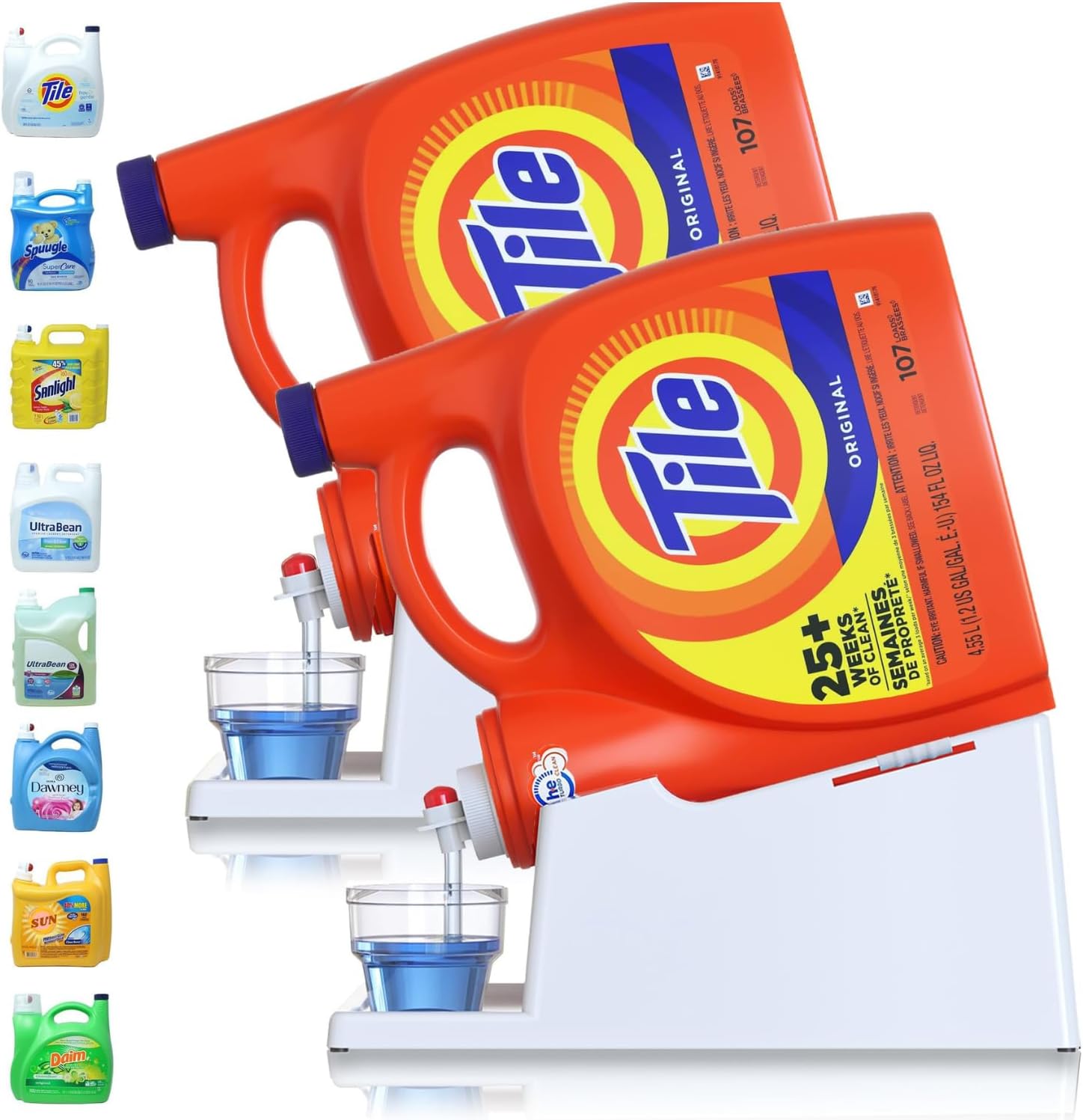 Skywin TidyFriend 2 Pack Liquid Laundry Detergent Holder Stand with Strap, Drip Tray & Rubber-Grip Feet, Stand for Laundry Room Organization and Storage, Fabric Softener Dispenser Holder with Strap (White)