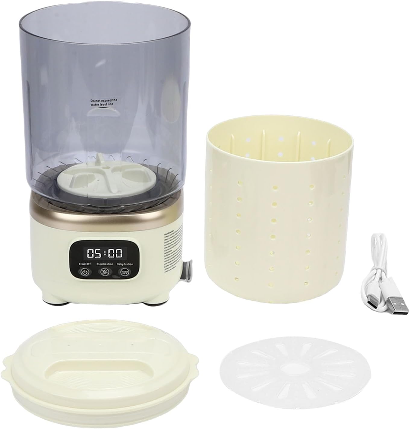 Fockety Portable washing machine, 2L rechargeable cordless mini washer with spinning and red blue light options, for travel apartment dorm bras underwear baby clothes (Beige)