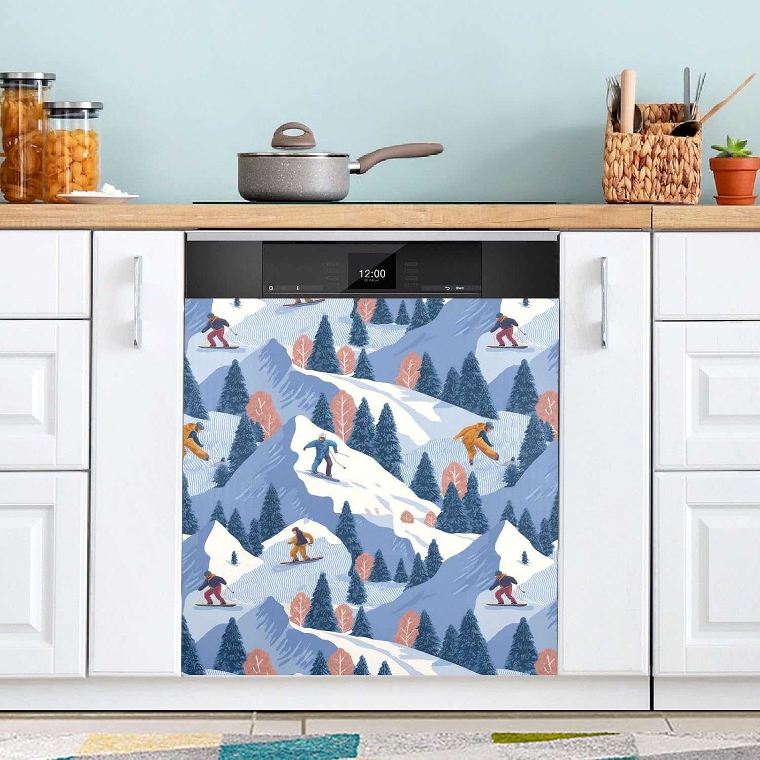 Pfrewn Christmas Winter Magnetic Dishwasher Cover Winter Sports Snowboarders and Skiers (1) Fridge Door Covers Kitchen Decal Vinyl Panel Decorative Refrigerator Laundry Appliances 23x26in