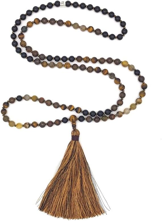BRONZITE ,ONYX,PIETERSITE,TIGERS EYE Stone Mala Beads, 108 Mala Necklace, Knotted Mala, WWG Necklace, Yoga Jewelry Meditation Beads Spiritual Jewelry Boho Jewelry, 34inch, Gemstone