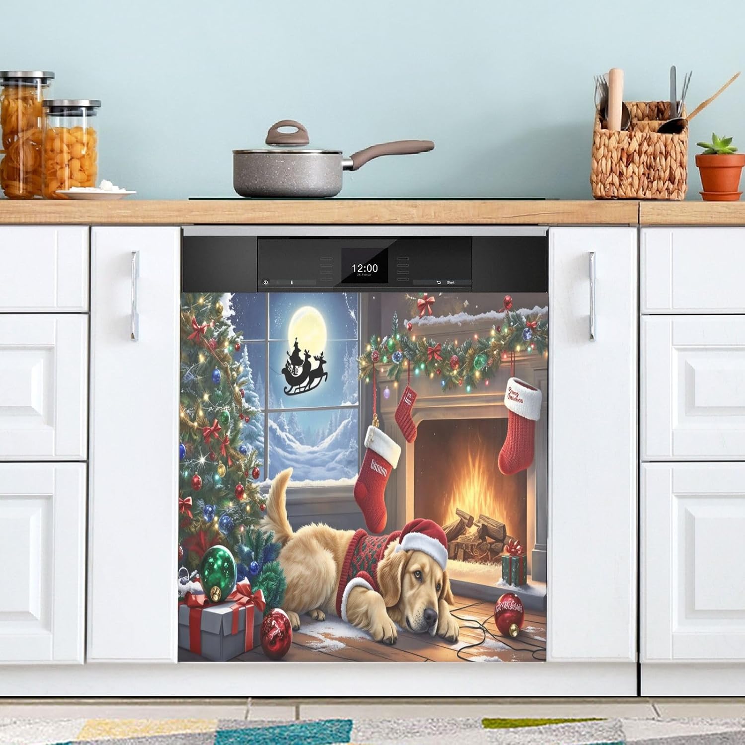 Pfrewn Christmas Winter Magnetic Dishwasher Cover Christmas Dog Golden Retriever Puppy Fridge Door Covers Kitchen Decal Vinyl Panel Decorative Refrigerator Laundry Appliances 23x26in