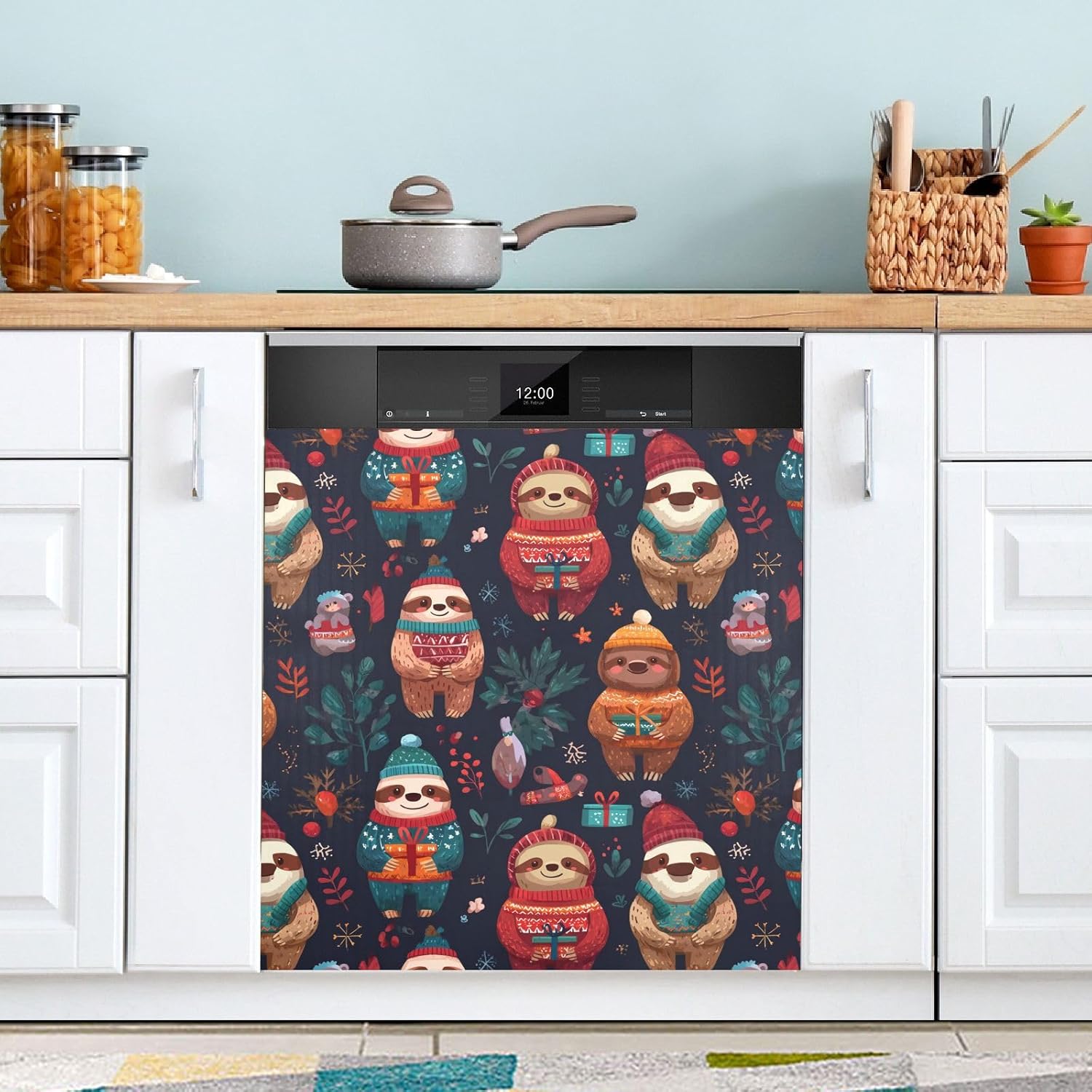Pfrewn Christmas Winter Magnetic Dishwasher Cover Xmas Christmas Sloth Leaf (1) Fridge Door Covers Kitchen Decal Vinyl Panel Decorative Refrigerator Laundry Appliances 23x26in