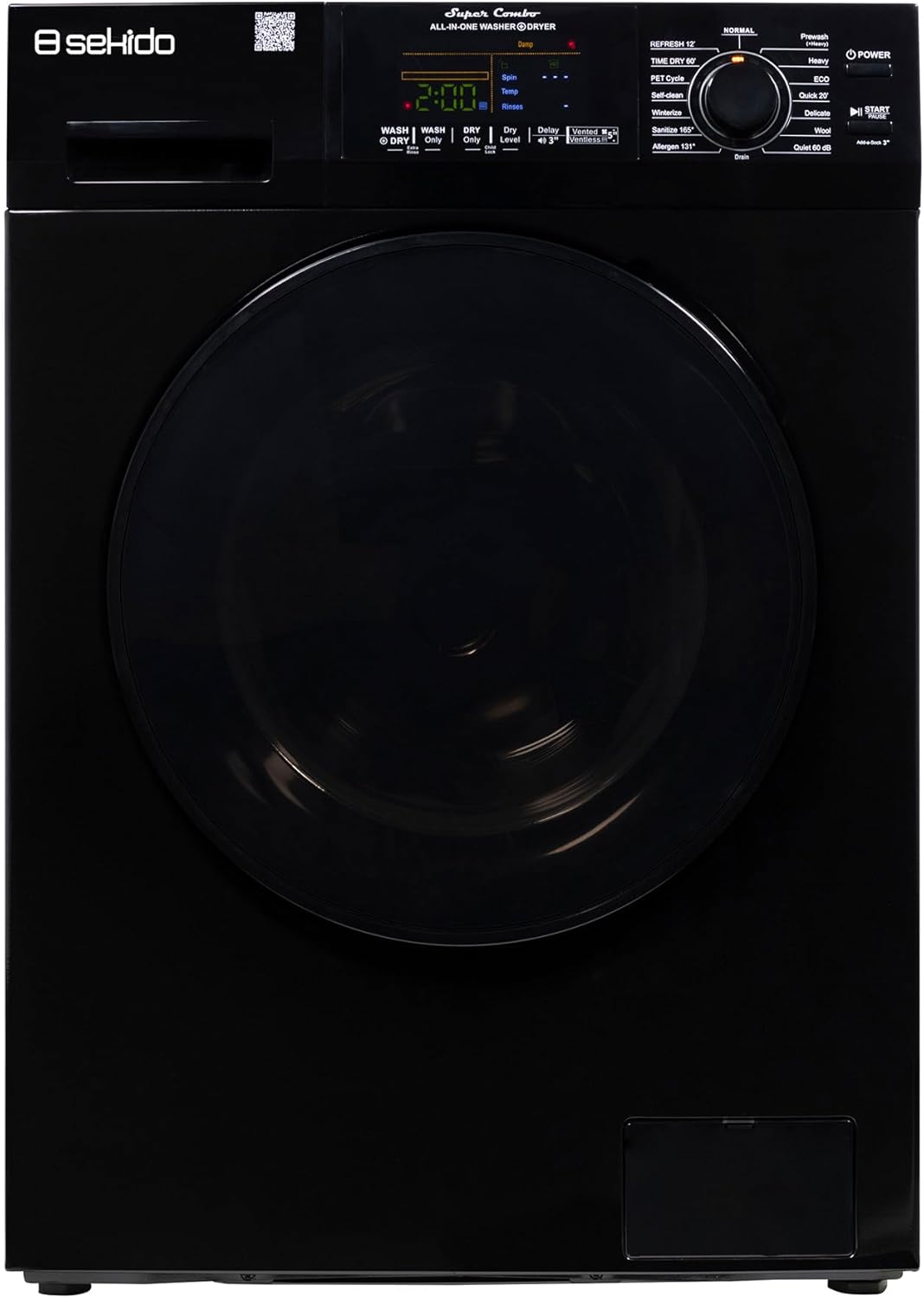 Sekido All-in-One Washer Dryer VENTLESS/VENTED PET cycle 1.62cf/15lbs 110V (Black)