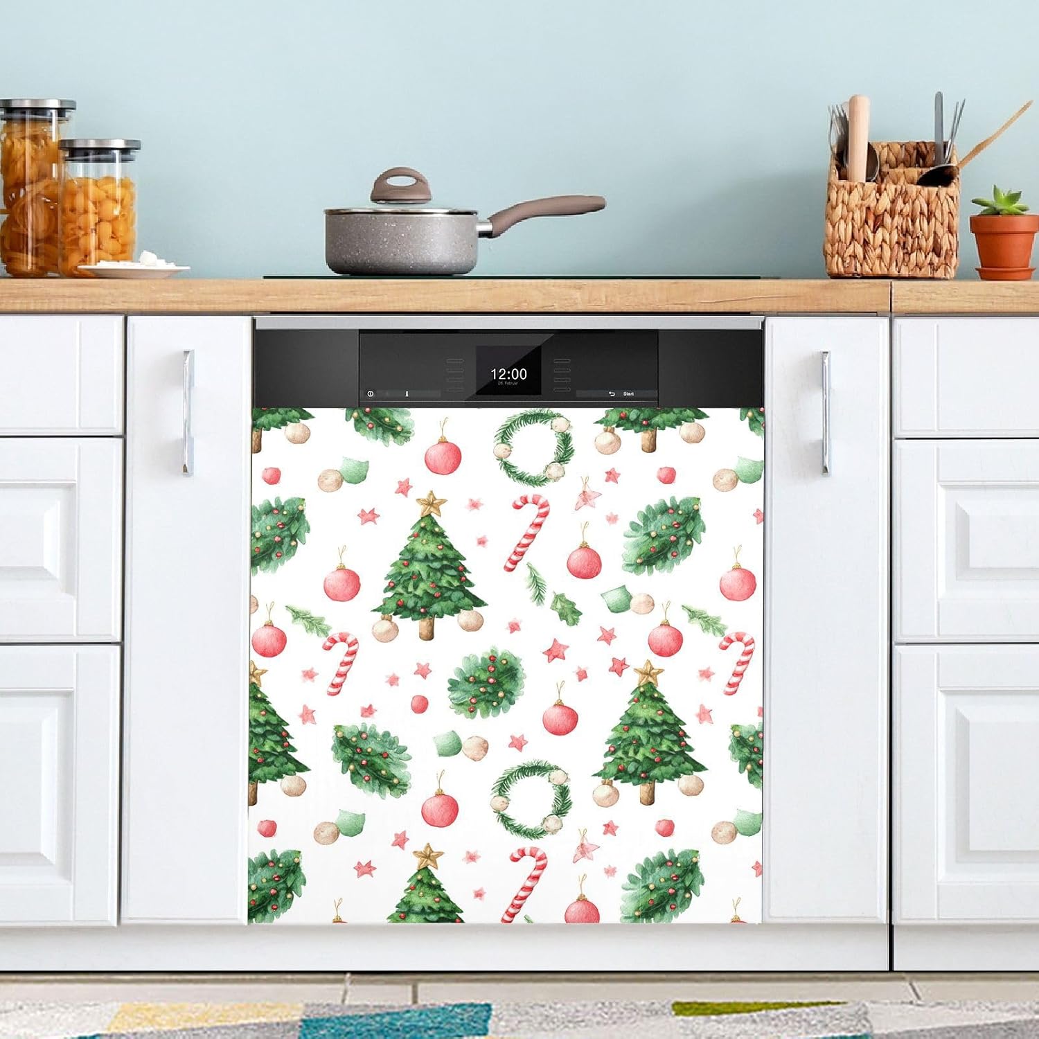 Pfrewn Christmas Winter Magnetic Dishwasher Cover Xmas Candy Cane Trees Balls (1) Fridge Door Covers Kitchen Decal Vinyl Panel Decorative Refrigerator Laundry Appliances 23x26in