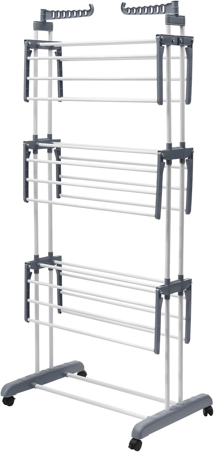 Clothes Drying Rack, 4-Tier Foldable Stainless Steel Drying Rack, Movable Drying Rack with 4 castors, for Balcony, Patio, Indoor Outdoor Use