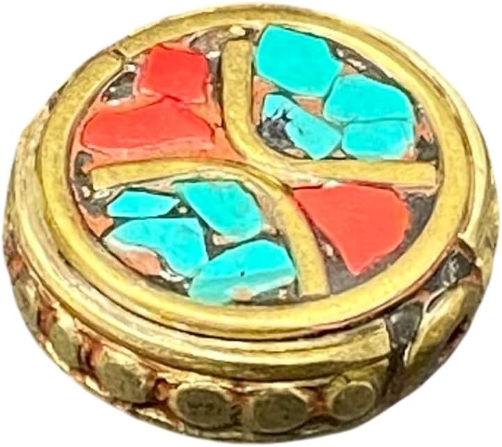 Old Antique 16x7mm Nepalese Tibetan Bead with Coral and Turquoise Inlay – 3.6g Handmade Brass Vintage Bead for Jewelry Making, Boho Crafts, Healing & Meditation Accessories (50)