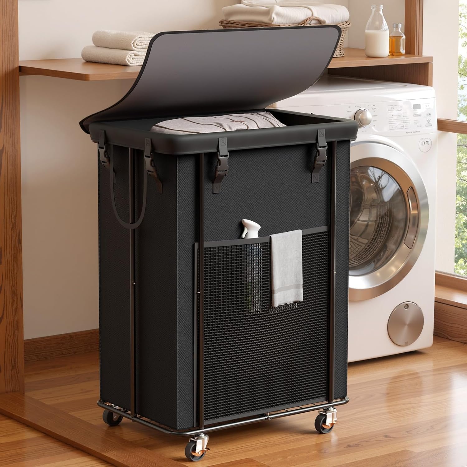 220L Laundry Hamper with Cover, Rolling Laundry Basket with Wheels, Large & Tall Dirty Clothes Hamper with Metal Frame and Removable Bag for Bedroom Aesthetic, Laundry Room, Bathroom, Dorm