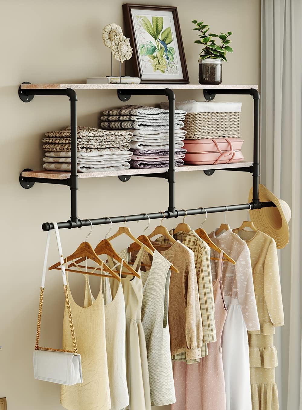 MAIKAILUN Industrial Pipe Clothes Rack with Wood Shelf, 52