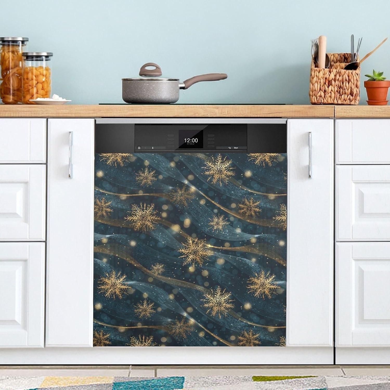 Pfrewn Christmas Winter Magnetic Dishwasher Cover Striped Wave Winter Gold Snowflakes (3) Fridge Door Covers Kitchen Decal Vinyl Panel Decorative Refrigerator Laundry Appliances 23x26in