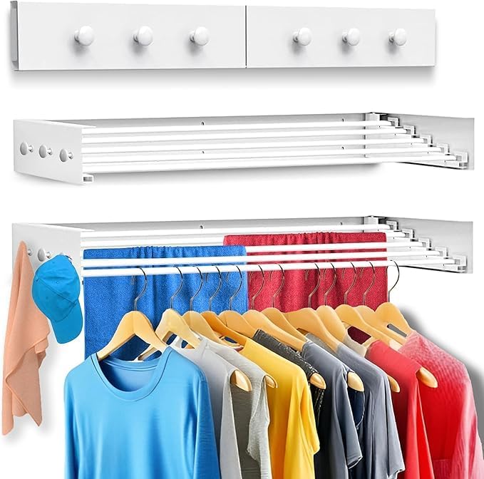Wall Mounted Drying Racks for Laundry (31.5 Inches Wide) – Retractable Clothes Drying Rack Wall Mounted with Carbon Steel Panel 6 Knobs & 5 Aluminium rods, Wall Drying Rack with Screws (White)