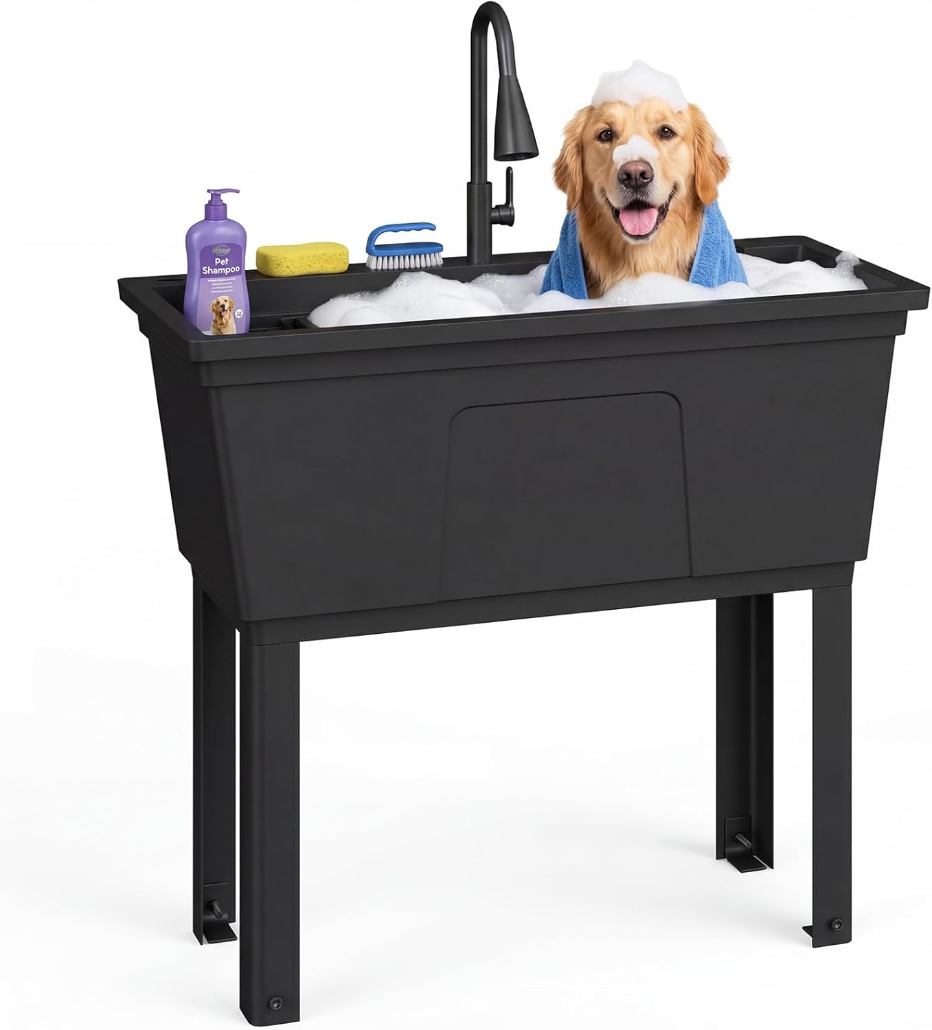 Freestanding Double-Wide Utility Sink with Pull-Out Faucet, Multi-Purpose Heavy-Duty Laundry Tub and Kitchen Sink with Steel Legs, Freestanding Utility Sink for Homes & Business, Black