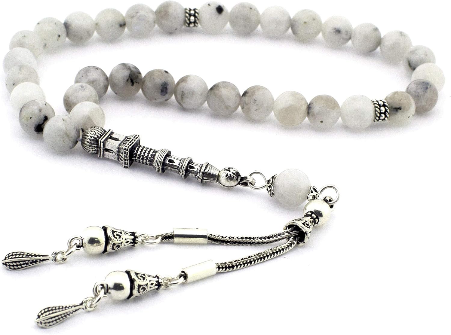 925 Sterling Silver Tower Tassel Moonstone Islamic 33 Prayer Beads Tasbeeh