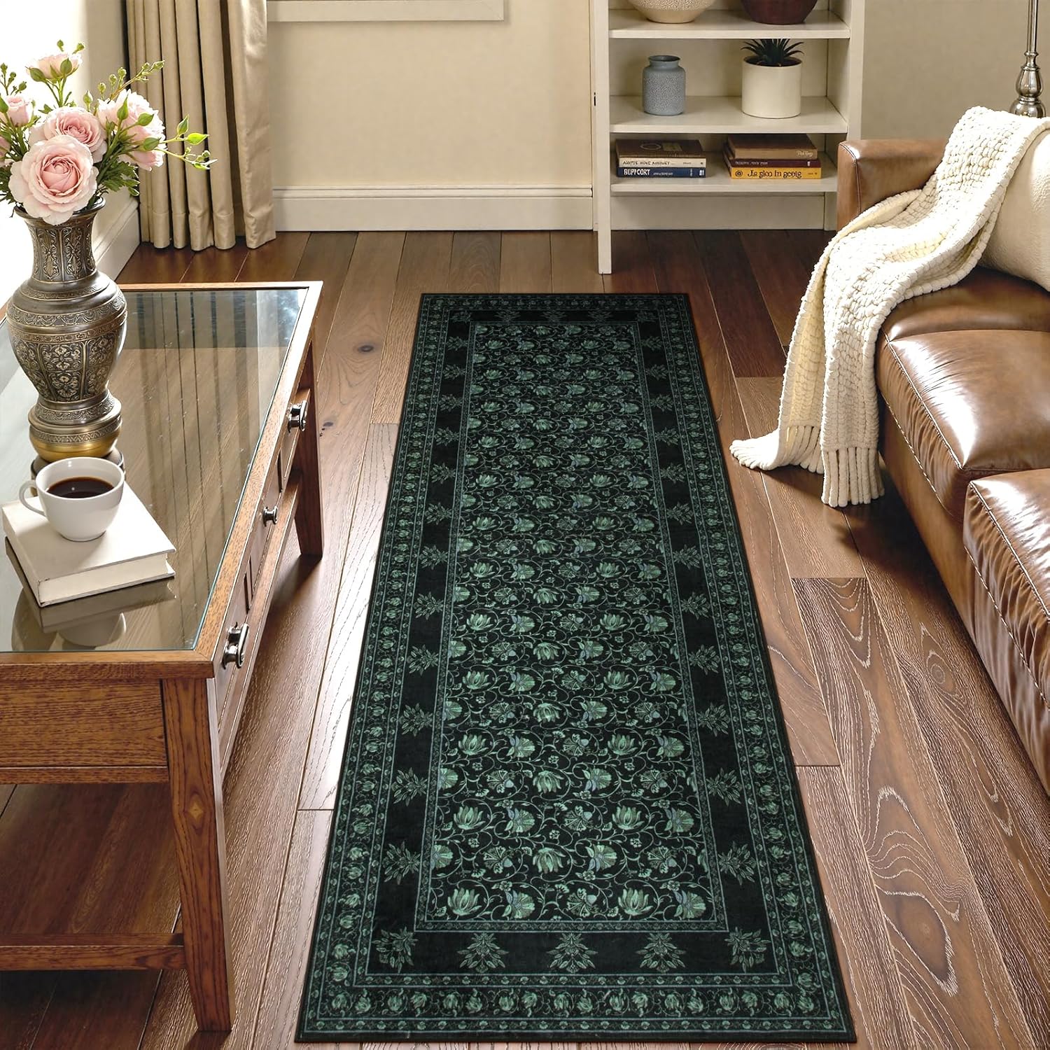 Lahome Black Kitchen Runner 2.5x8, Machine Washable Runners for Hallways, Vintage Floral Carpet Runners for Bedroom Laundry Room High Traffic (2'6