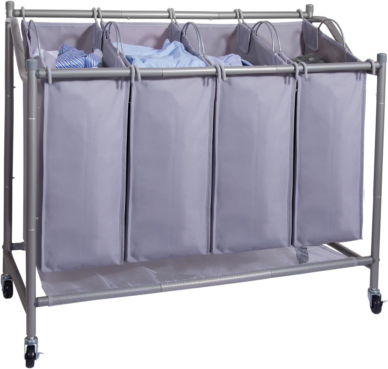 Laundry Sorter Cart 4-Bag Classics Rolling Laundry Hamper, Sturdy Frame with 60KG Weight Capacity, Gray