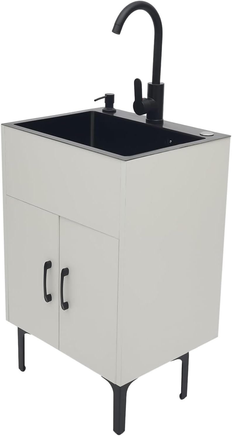 Laundry Sink with Cabinet, 30-Inch Stainless Steel Utility Sink with Cabinet 7.87in Deep Bathroom Vanity Cabinet Storage with Sink Combo with Drawers and Shelves (White, 30.71in)