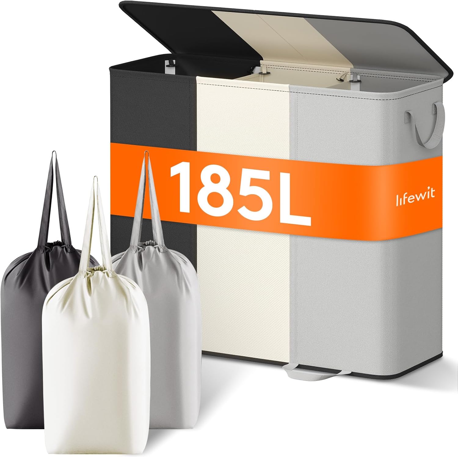 Lifewit Triple Laundry Hamper with Lid and Removable Laundry Bags, Large Collapsible 3 Dividers Dirty Clothes Basket with Handles for Bedroom, Laundry Room, Closet, Bathroom, 185L Black&White&Gray