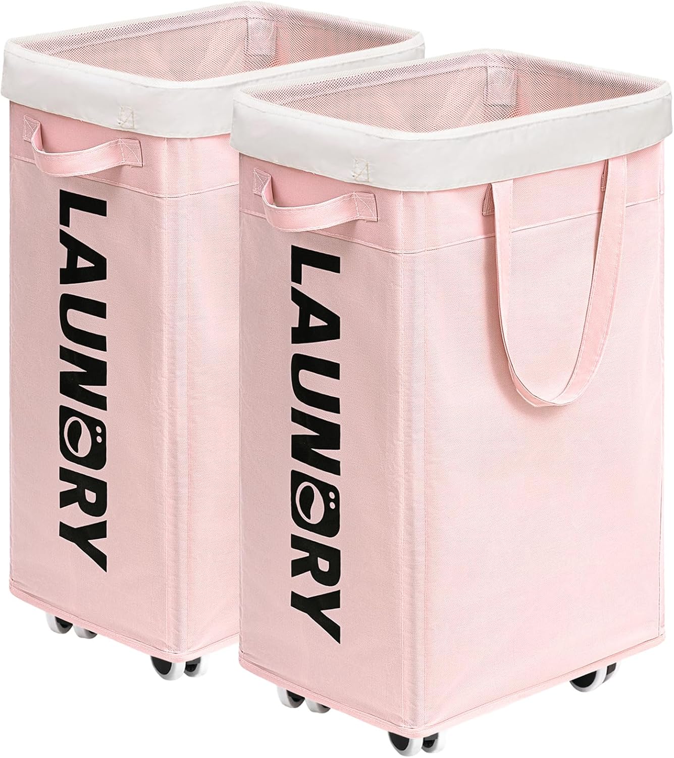 CHICVITA 2-Pack Laundry Hamper with Wheels, 75L Collapsible Laundry Basket with Removable Wash Bags, Pink Laundry Hamper for Corner Dorm, Rolling Laundry Basket on Wheels