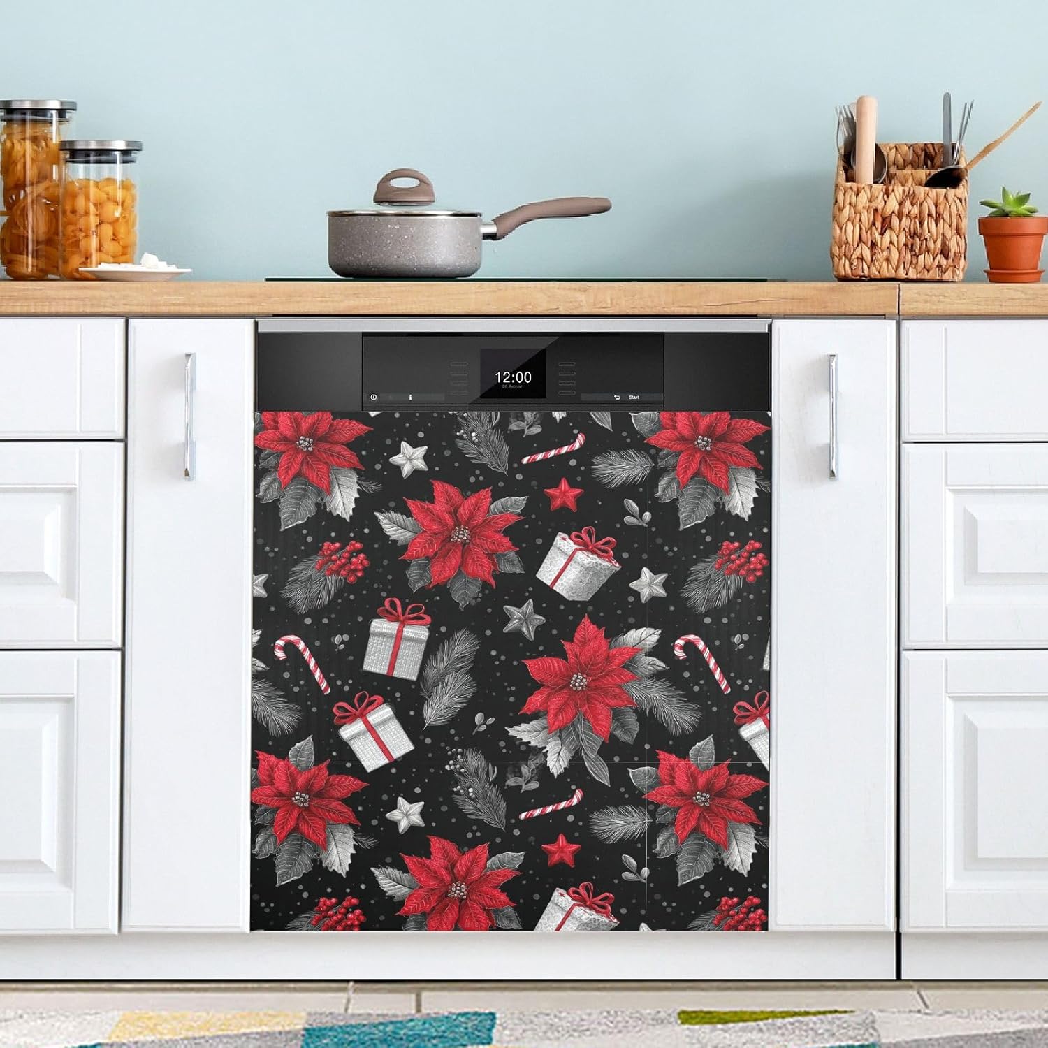 Pfrewn Christmas Winter Magnetic Dishwasher Cover Christmas Red Poinsettia Flowers Fridge Door Covers Kitchen Decal Vinyl Panel Decorative Refrigerator Laundry Appliances 23x26in