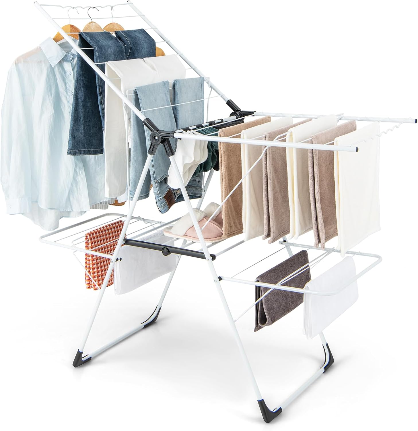 Tangkula Laundry Drying Rack, Foldable Clothes Drying Rack with Height Adjustable Wings, 33 Drying Rails & Sock Clips, Freestanding Gullwing Garment Stand for Indoor & Outdoor Use (White+Grey)