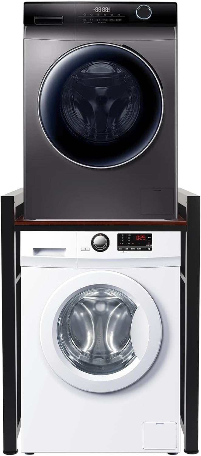 Washer Dryer Stacking Rack Stand with Adjustable Shelves, Space Saver Washer Dryer Storage Shelf, Universal Washer and Dryer Stacking Kit for Bathroom Laundry Room (Black＋Teak)