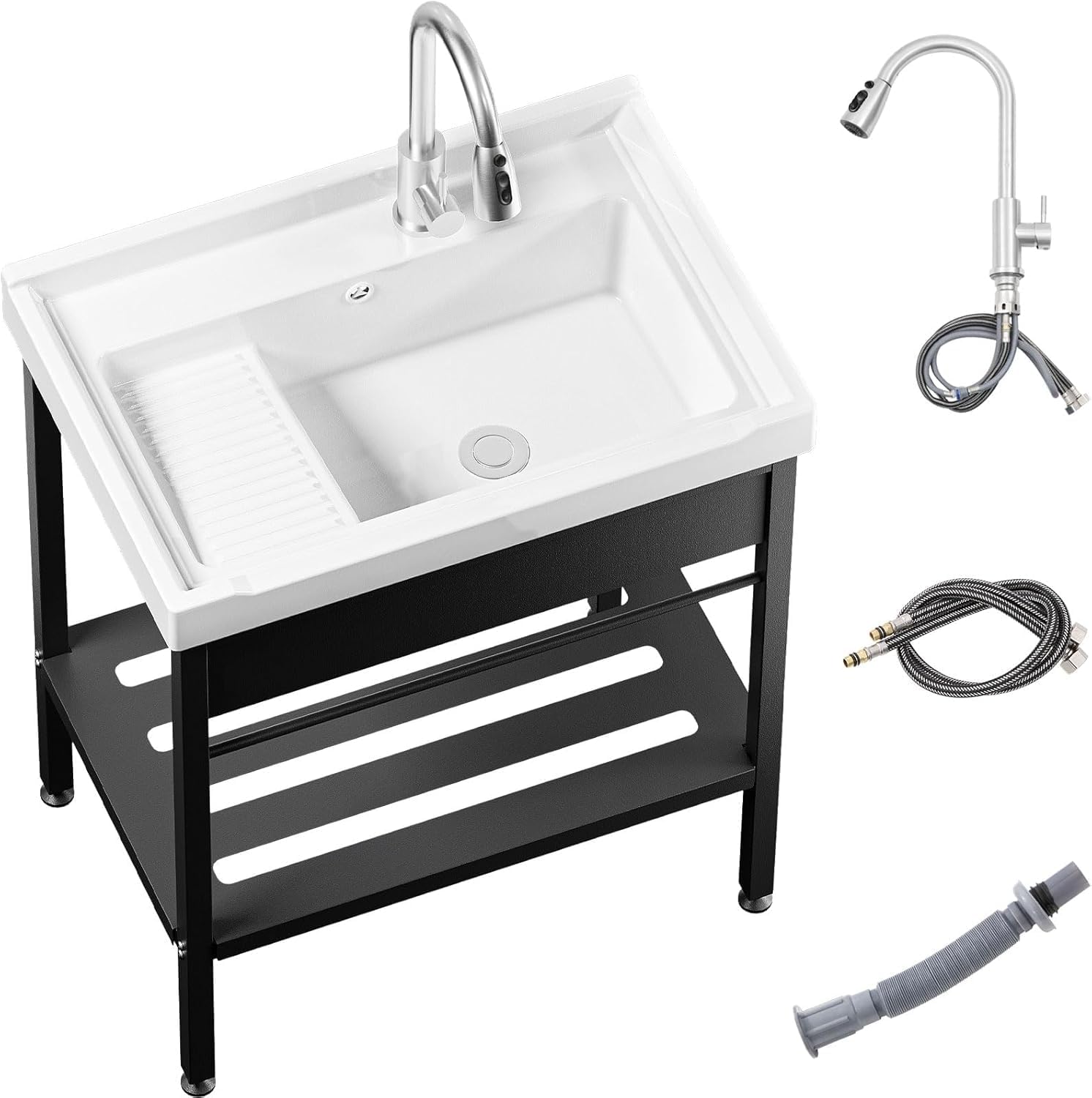 28inch Laundry Room Sink,Ceramic Utility Sink with Washboard Set,Freestanding Sink with Cold and Hot Water Faucet, Hoses and Drain Kit for Laundry Room, Basement, Outdoor and Indoor
