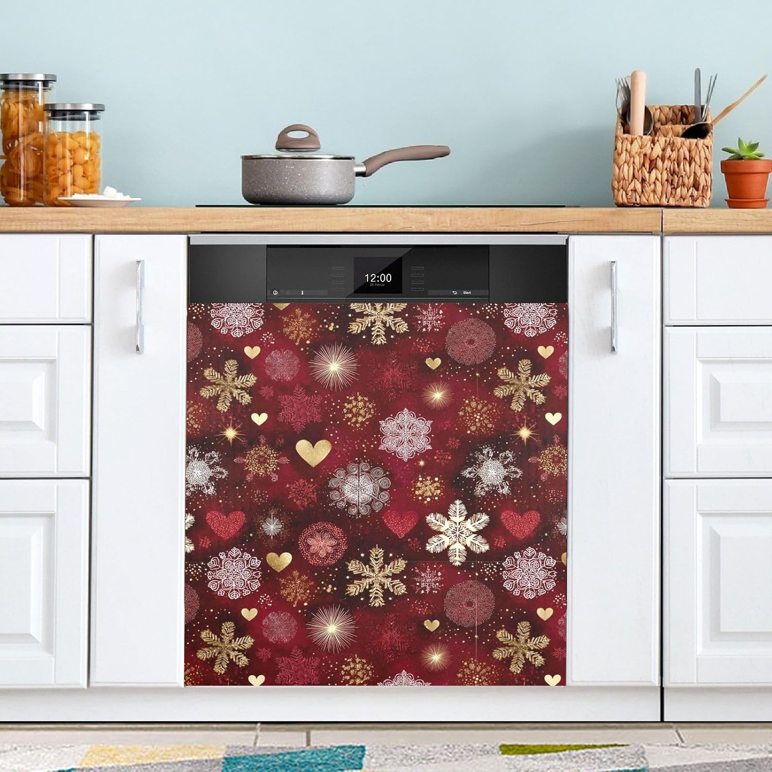Pfrewn Christmas Winter Magnetic Dishwasher Cover Red Gold Snowflakes Christmas Flowers (2) Fridge Door Covers Kitchen Decal Vinyl Panel Decorative Refrigerator Laundry Appliances 23x26in