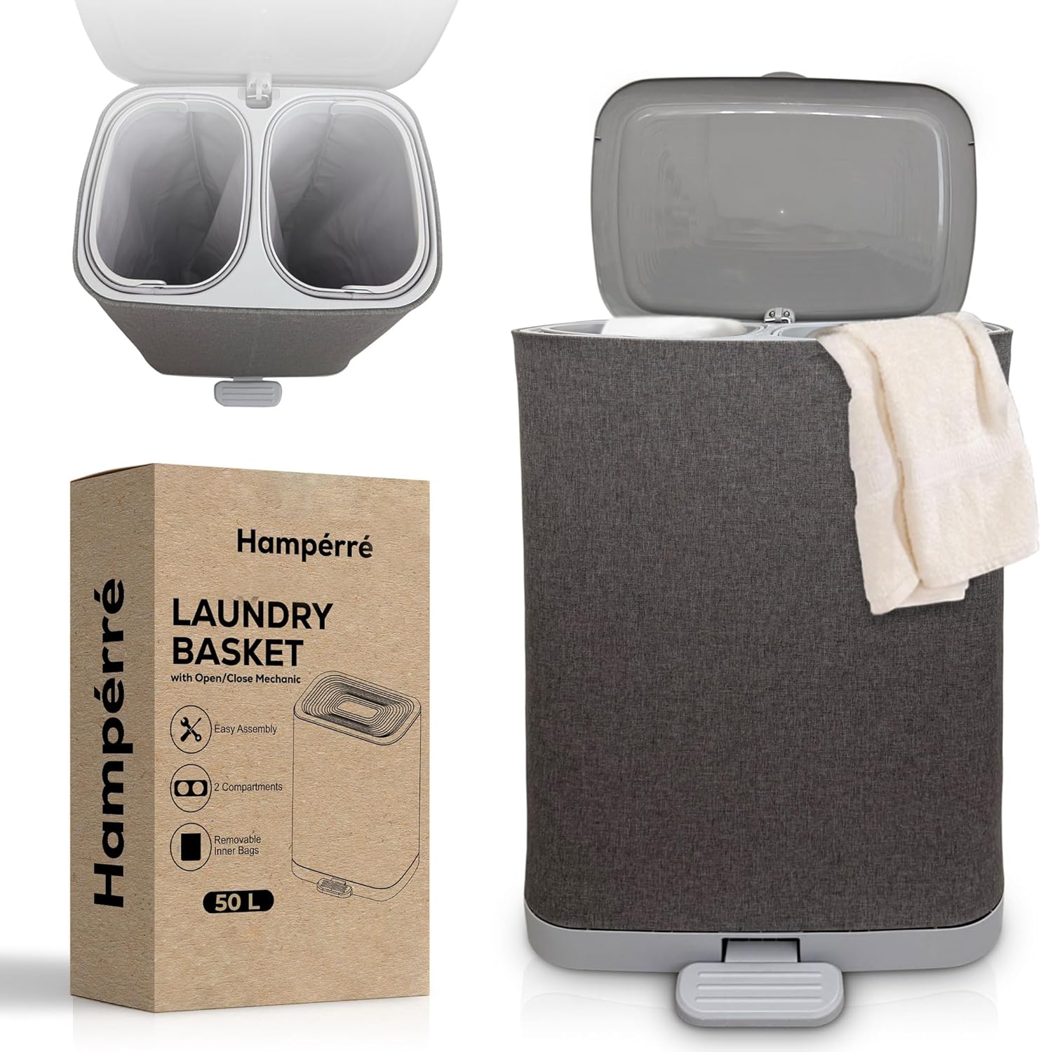 Hampérré Dual Compartment Laundry Hamper – 50 Liter Large Laundry Basket with Lid & Foot Pedal – Removable Bags, Waterproof Fabric, Modern Design, Easy Sorting for Clothes, Bedroom & Laundry Room