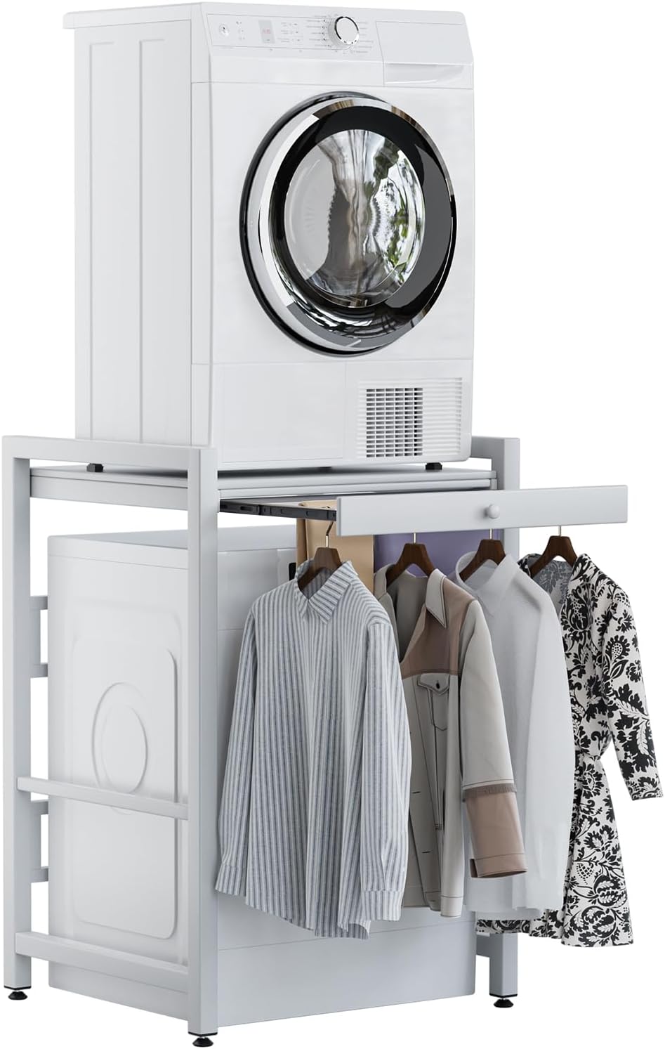 Washer Dryer Stacking Kit with Pull-Out Sliding Plate, Height Adjustable WasherDryer Stacking Rack Stand, Over The Washer and Dryer Stackable Shelf, Washing Machine Stand White