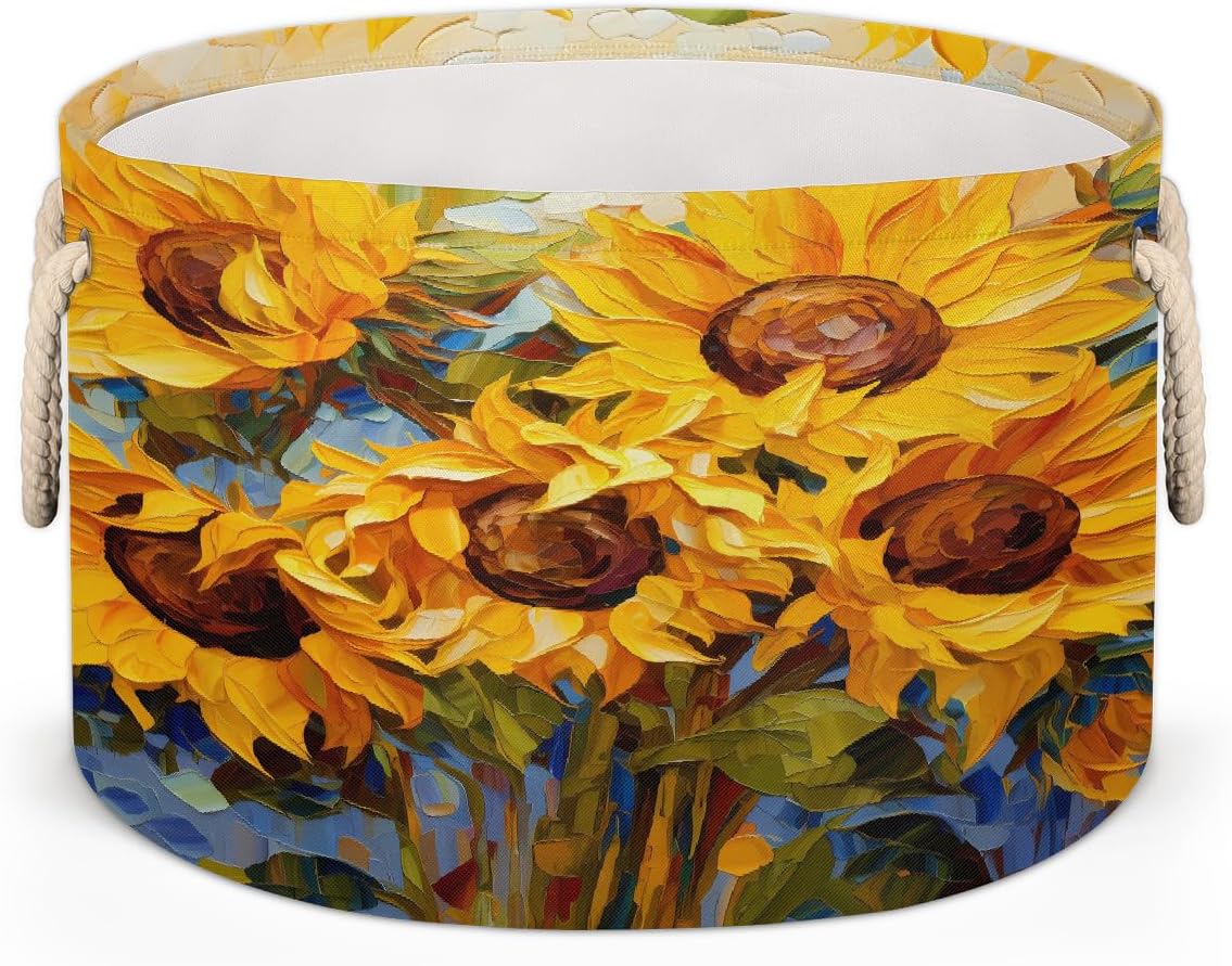 Abstract Oil Painting Sunflower Round Storage Basket Laundry Hamper Collapsible Laundry Basket with Handles Large Canvas Storage Bin for Clothes Toys Nursery Bedroom Closet Organizer