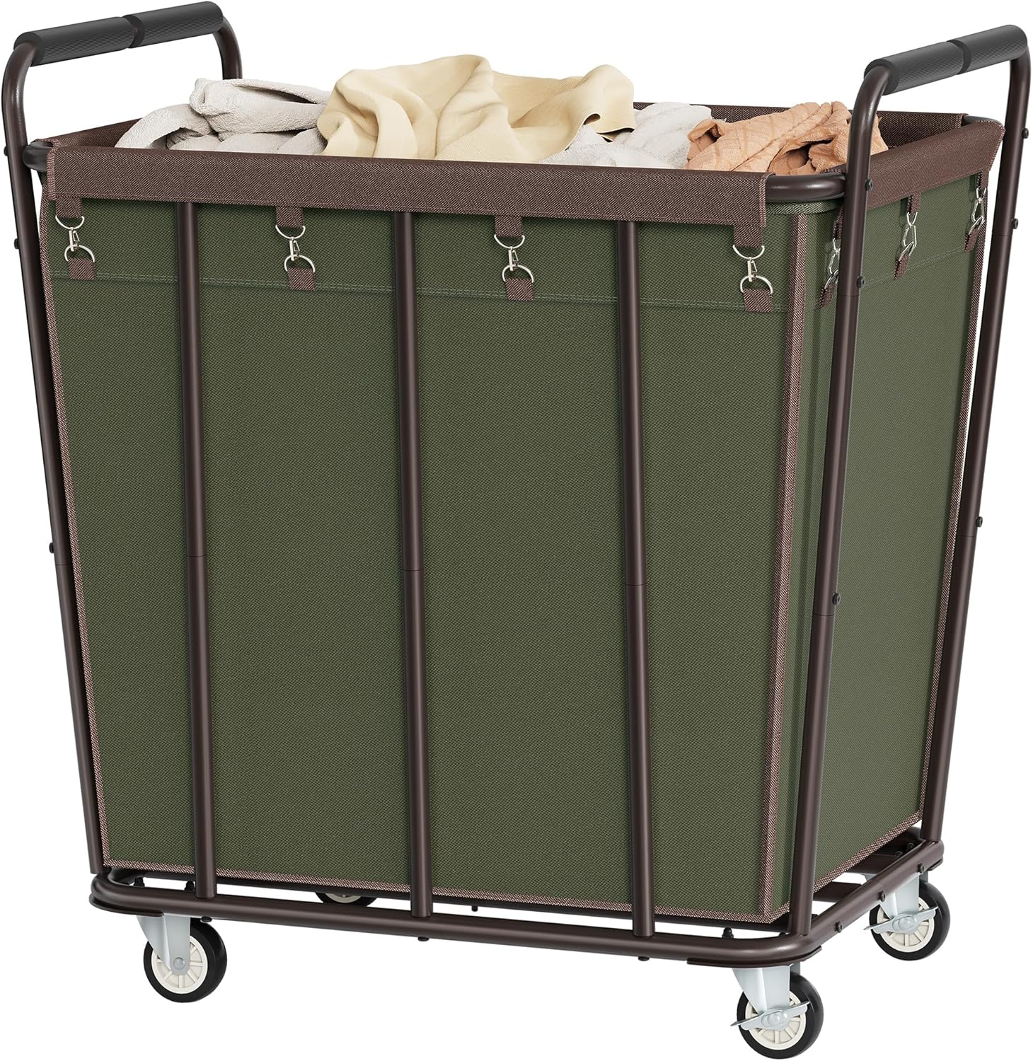 Hoctieon Large Laundry Cart with Wheels, 400L Heavy Duty Laundry Basket Organizer, Rolling Hamper Sorter for Clothes Storage, Industrial Dirty Clothes Hamper for Home & Hotel, Green+Brown