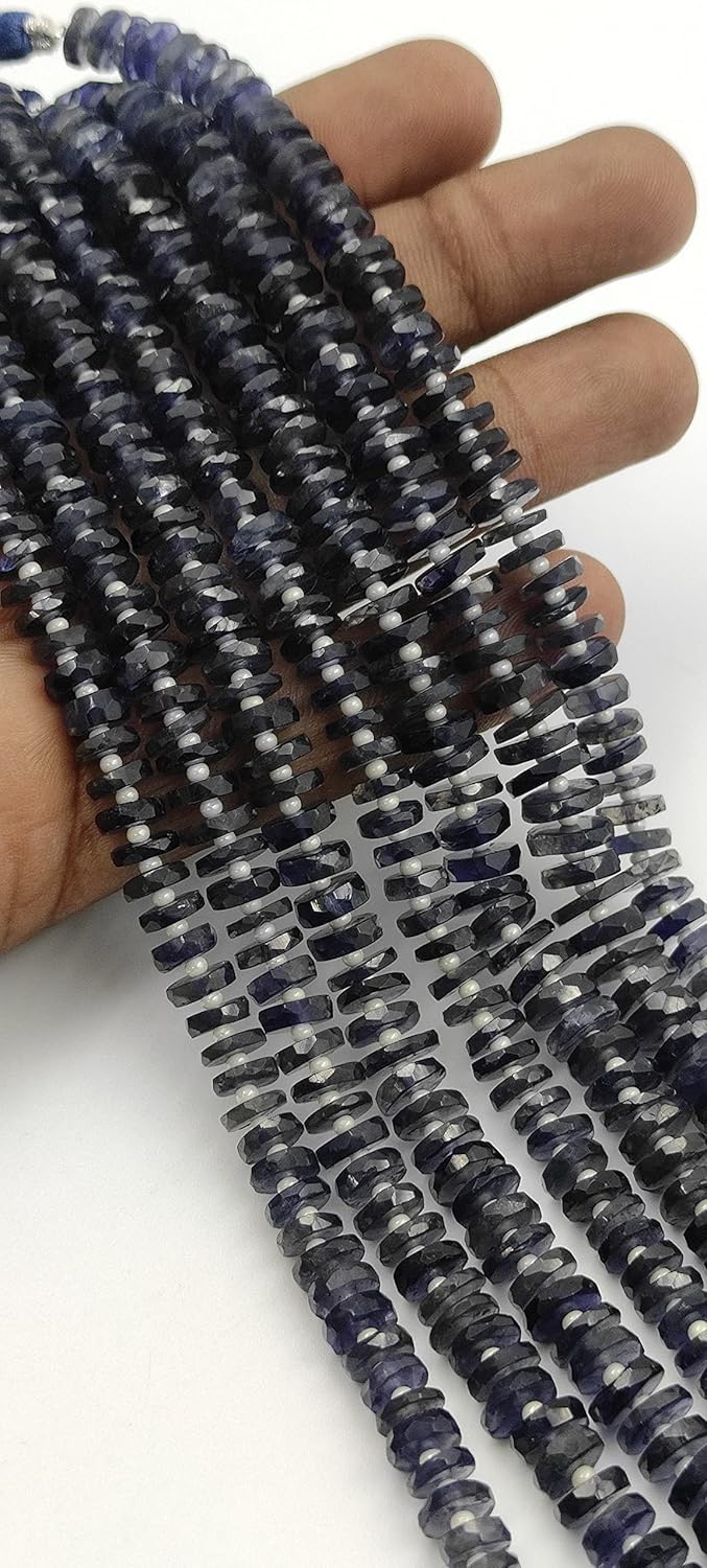 Hanumat Gems Lot of 5 Strands Natural Blue Iolite Faceted Heishi (Tyre) Gemstone Beads Strand,Iolite Faceted Beads,Iolite Tyre Beads,Iolite Heishi Tyre Beads,7.00-8.00 MM Beads,8 Inches Strand.