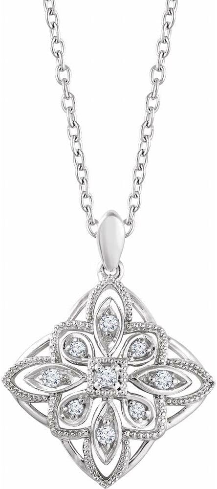 14k White Gold 1/10 Ct Diamond Granulated Filigree Necklace