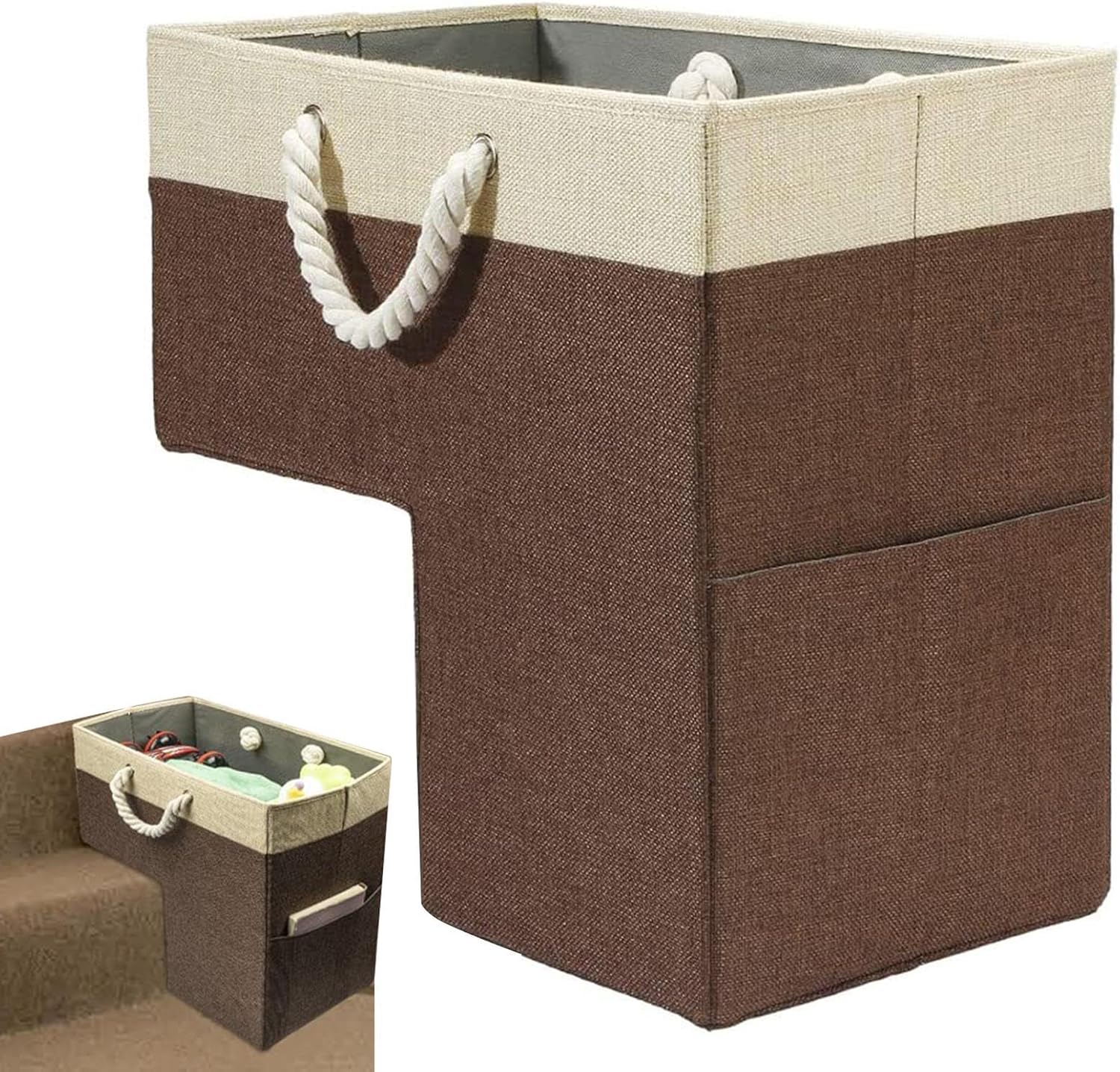 Stair Laundry Basket - Step Storage Laundry Basket | L Shaped Organizer Basket With Handles | Staircase Baskets | Perfect Fit Stair Storage Case For Shoes Socks Toys Blankets Clothes Books