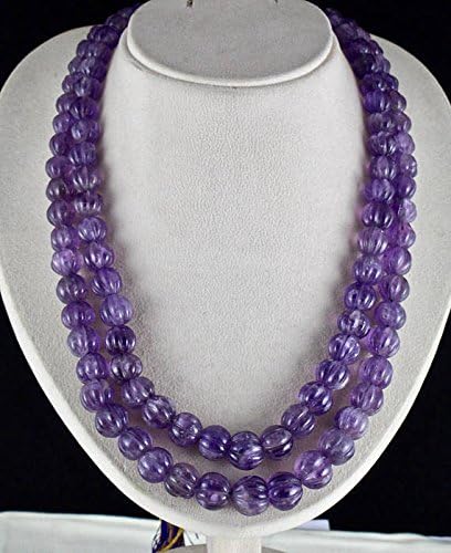 2 Line Natural Purple Amethyst Carved Melon Beads Necklace 20 INCHES 15 MM to 10 MM