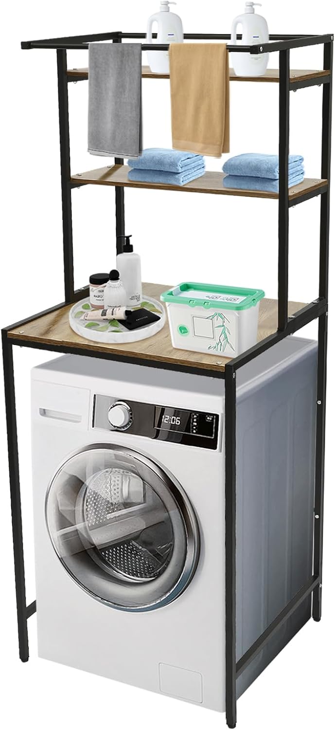 Over Washer and Dryer Shelves, 3-Tier Laundry Room Storage Organizer with Wooden Top, Heavy Duty Shelf for Washing Machine & Dryer, Space-Saving Rack (Black)
