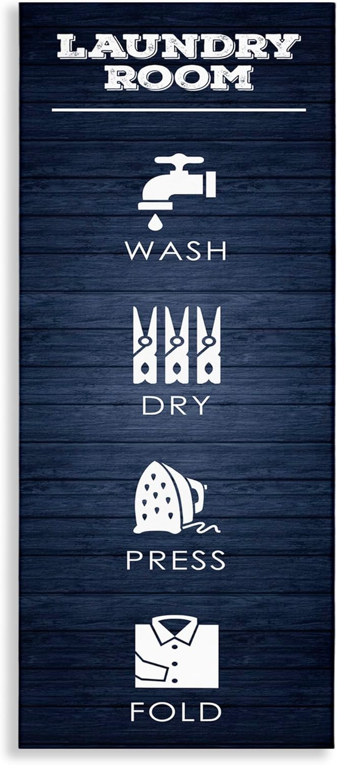 Stupell Industries Laundry Room Icons Rustic Blue Pattern Cleaning Guide, Designed by Melody Hogan Canvas Wall Art, 13 x 30