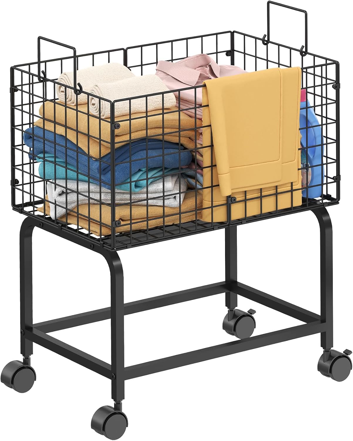 Wire Laundry Hamper Cart,Rolling Laundry Carts with Pull Handle,Black Tall Laundry Basket,Commercial Wire Laundry Hamper Cart-23.6 * 15.75 * 28 inches
