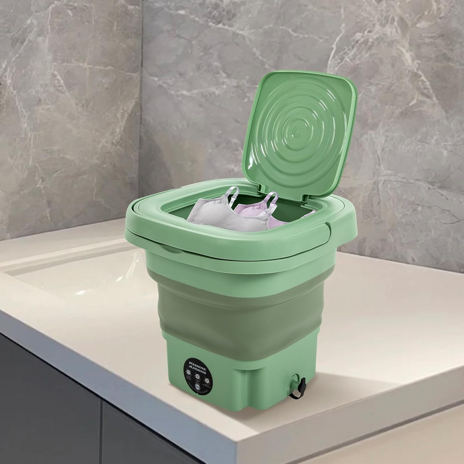 8 L Portable Mini Washing Machine, Foldable Washer and Spin Dryer with Drainage Basket, Electric Collapsible Washing Machine for Apartment Camping, RV, Travel, Underwear, Socks (Mint Green)