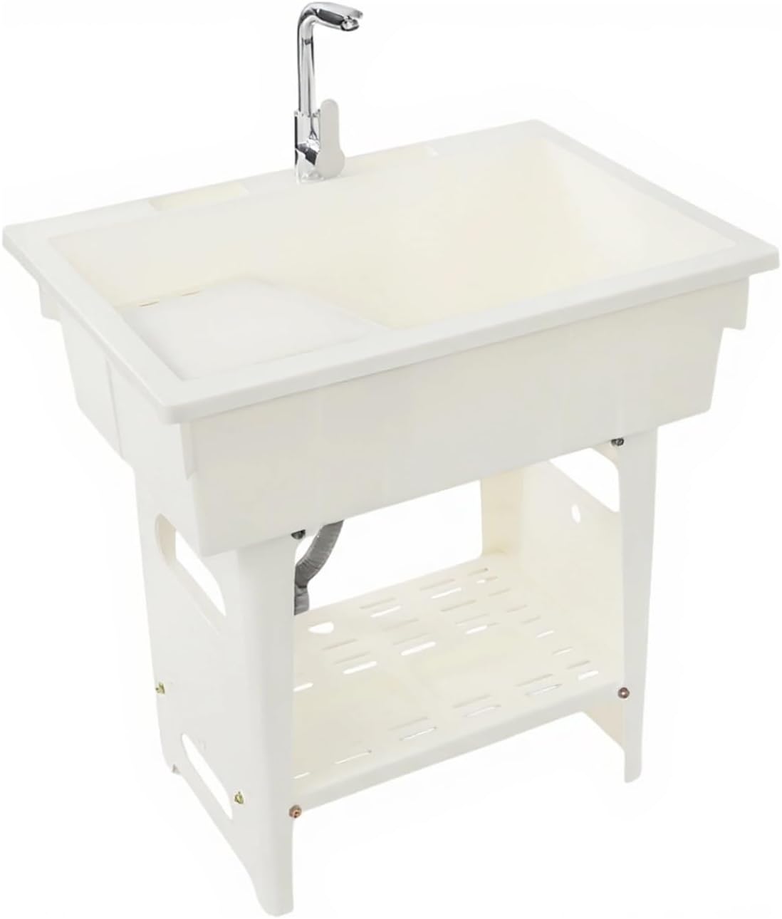 Laundry Sink,Freestanding Plastic Laundry Sink with Washboard,Utility Sink with Hot and Cold Faucet,Hoses and Drain Kit for Washing Room Basement Garage Garden (31.5x22.05x31.89in,White)