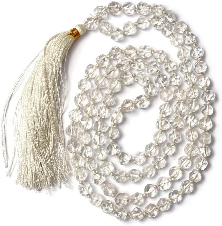 Natural Clear Quartz 8mm 108 Mala Beads, Spiritual, Meditation Beads, Reiki, Japa Mala, Buddhist Prayer Beads, Yoga Bracelet, healing beads LKMALA-RRGU-3157, 34 inch, white