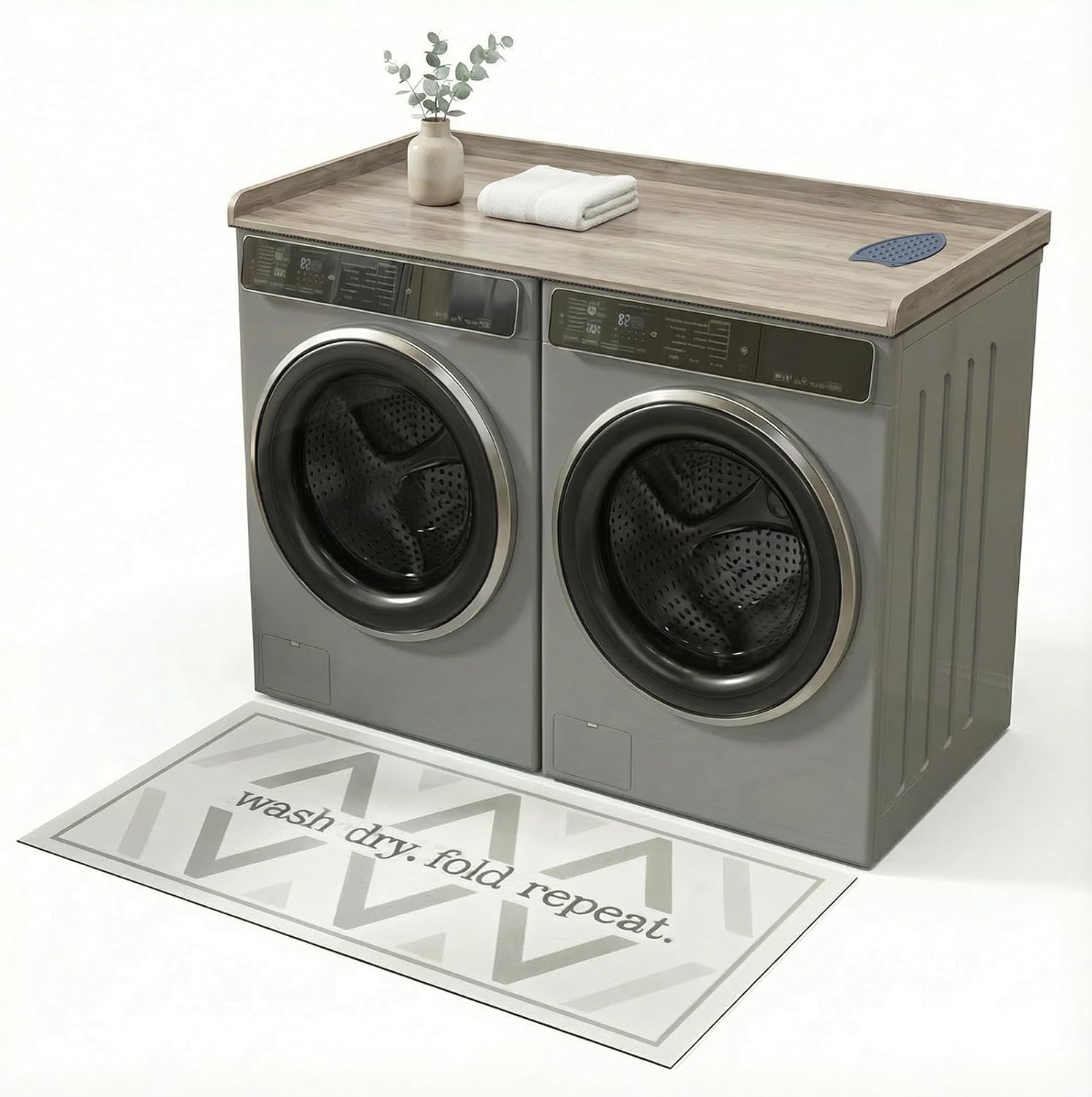 Premium Washer Dryer Countertop with Anti-Slip Pad, 54inch Laundry Room Organization Set, Stackable Storage Solution with Silicone Ironing Mat, Diatomite Mat(Gray)