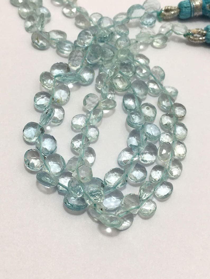 8 inch Strand of Natural Aquamarine 5.5-6.5mm Heart Faceted briolette Beads for DIY Jewelry Making. |BRIO_00598