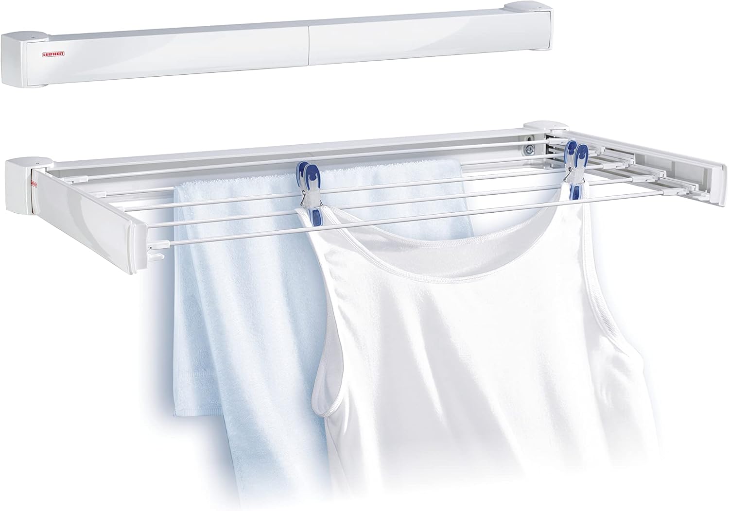 Leifheit Telegant 30 Protect Wall Dryer – Foldable Indoor/Outdoor Clothes Drying Rack with 5 x 60 cm Bars, 3m Drying Space, Compact & Sturdy Laundry Airer, White, Easy Wall-Mount Design