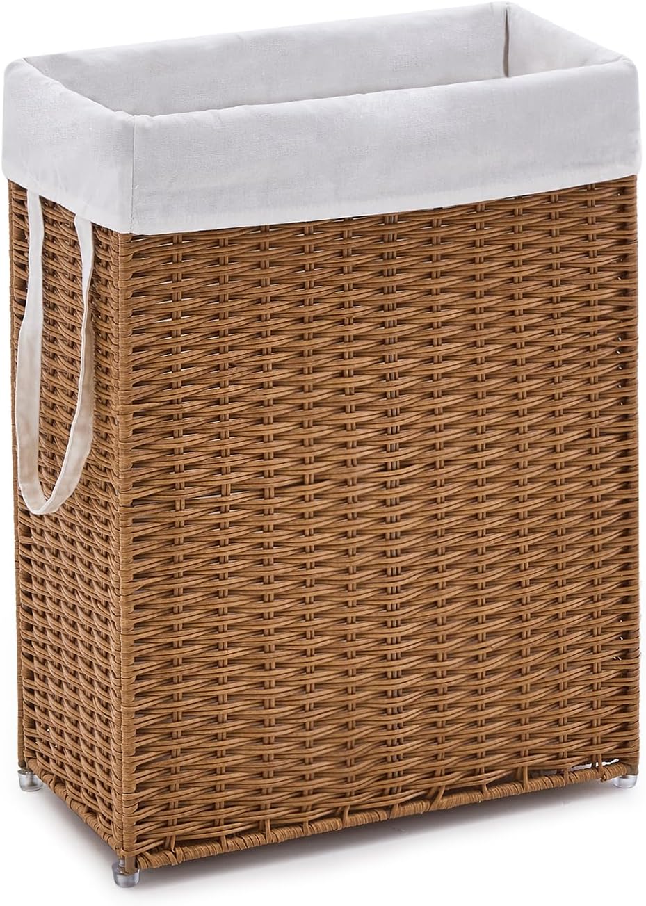 Slim Wicker Laundry Hamper, 55L Handwoven Rattan Basket with Handles, Narrow Laundry Basket with Removable Liner Bag & 2 Mesh Bags