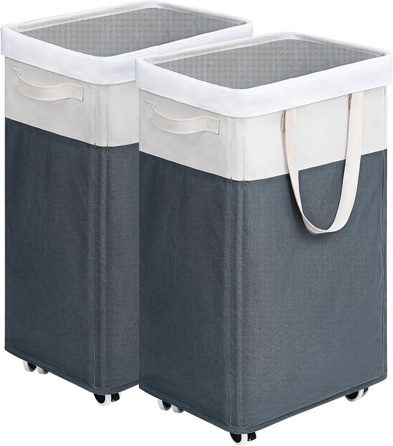 Goodpick Laundry Baskets 2-Pack, 75L Hamper with Wheels, Foldable Laundry Baskets with Removable Wash Bags, Rolling Laundry Hamper for Corner Dorm, Slim Laundry Basket, Grey&White