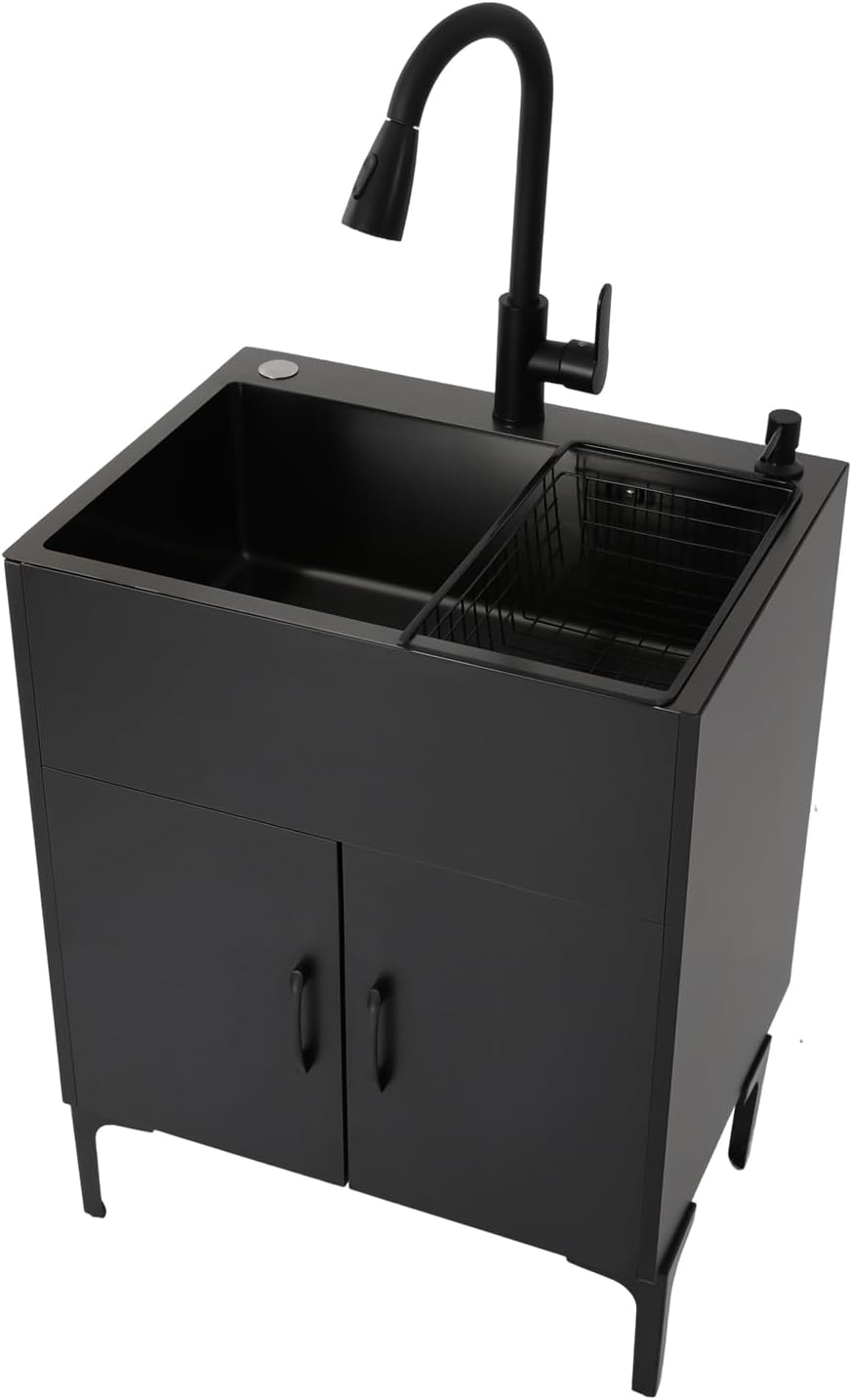 Freestanding Single Basin Laundry Sink with Cabinet, 24x18 Inch Stainless Steel Kitchen Sink with with Pull-Down Faucet, Utility Sink for Laundry Room, Garage, Ship in 2 packages (Black)